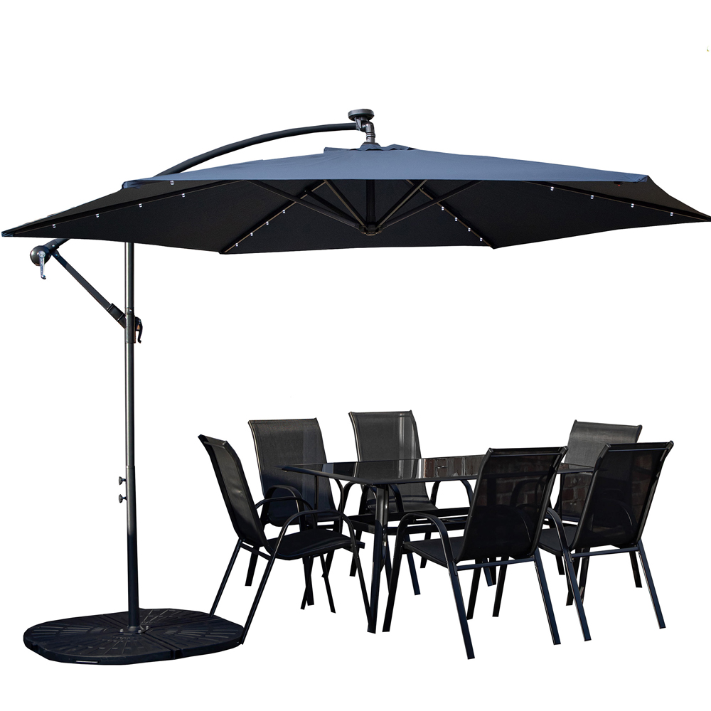 Samuel Alexander 6 Seater Glass Top Outdoor Dining Set with Blue Banana Lit Parasol and Base Image 2