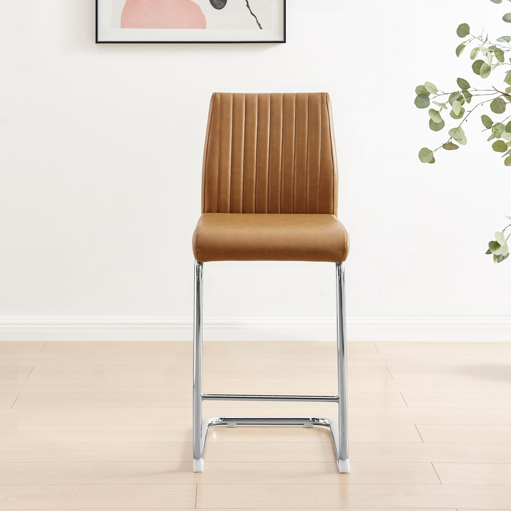 Furniturebox Fontana Tan and Silver Faux Leather Bar Chair Set of 2 Image 5