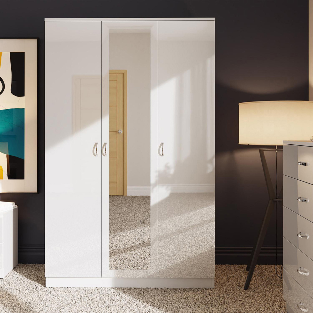 FWStyle 3 Door White Gloss Wardrobe with Mirror Door Image 5