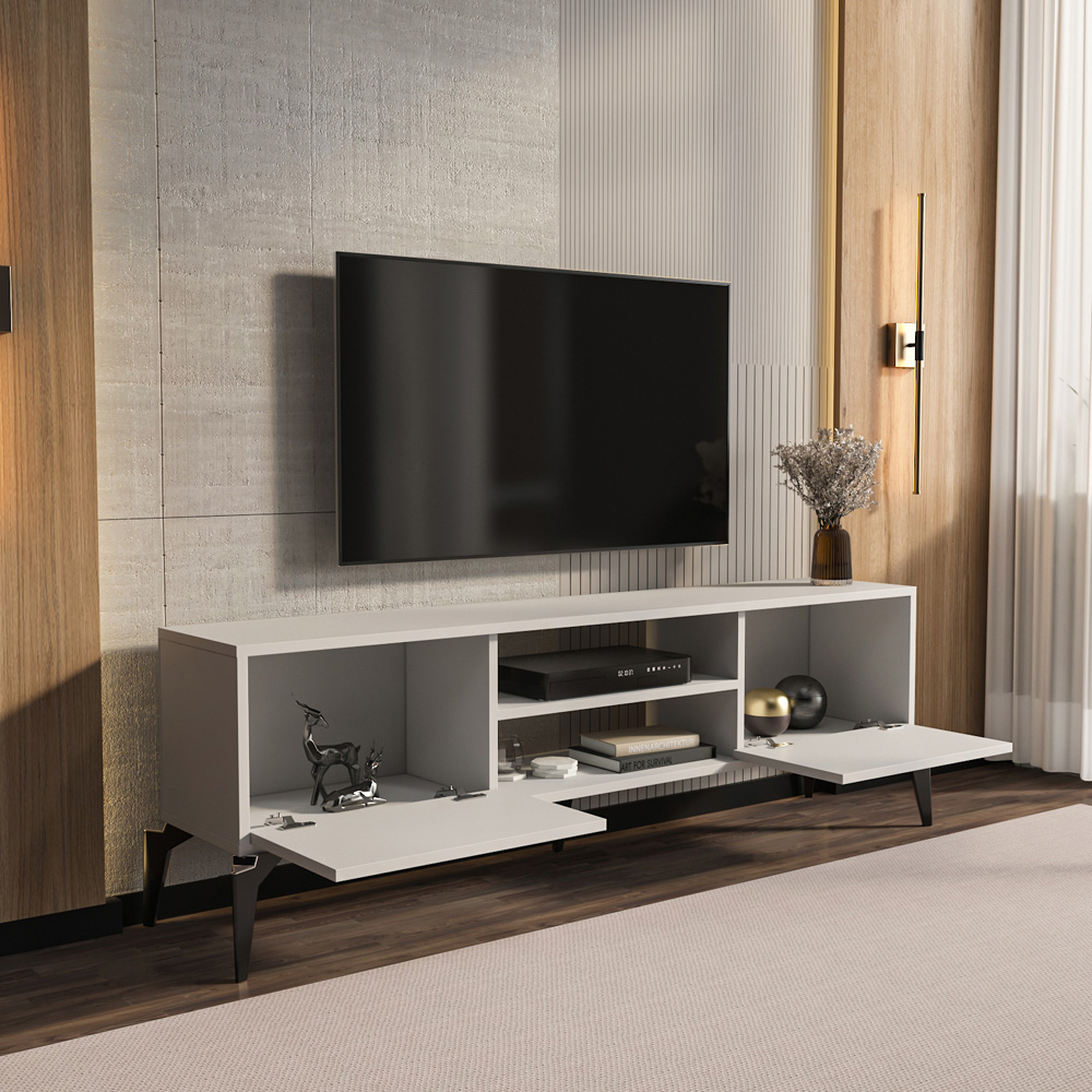 Decorotika Lojo 2 Door 2 Shelf White TV Stand for 71 inch TV Image 4