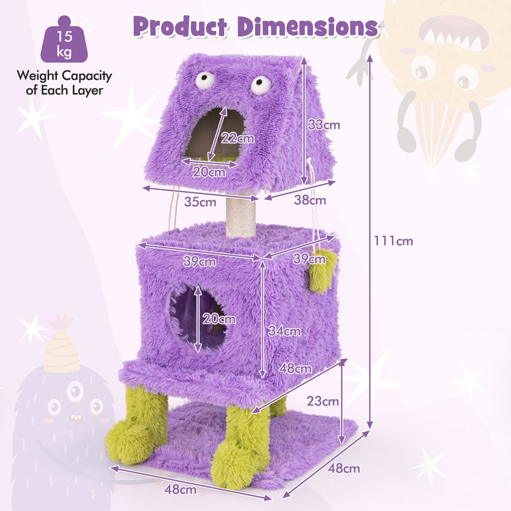 Costway Purple Monster Themed Cat Tower with 2 Private Condos 111cm Image 9