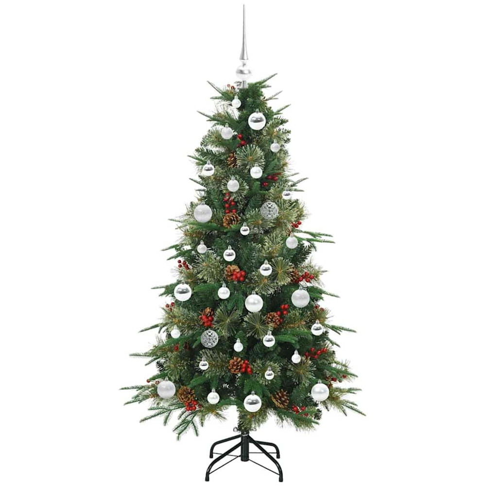 vidaXL Pre-Lit Silver Baubles Green Artificial Hinged Christmas Tree 5ft Image 4