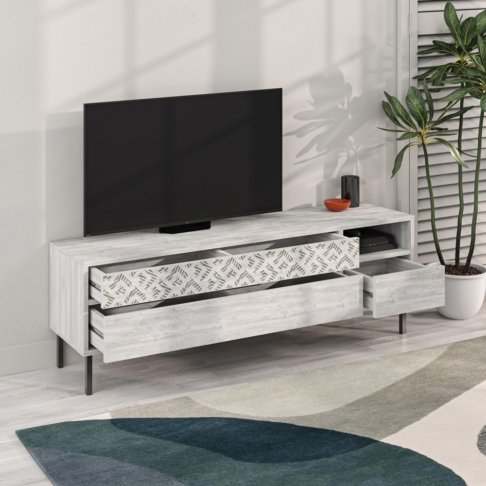 Decortie Heaton 3 Drawer Single Shelf Ancient White TV Stand Image 4