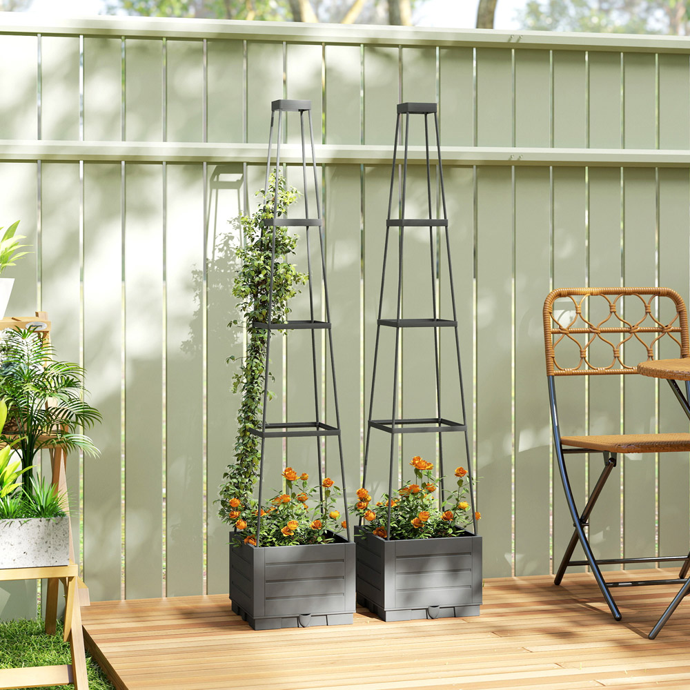 Outsunny Grey Raised Garden Bed with Trellis and Removable Drainage Tray 12L 2 Pack Image 3