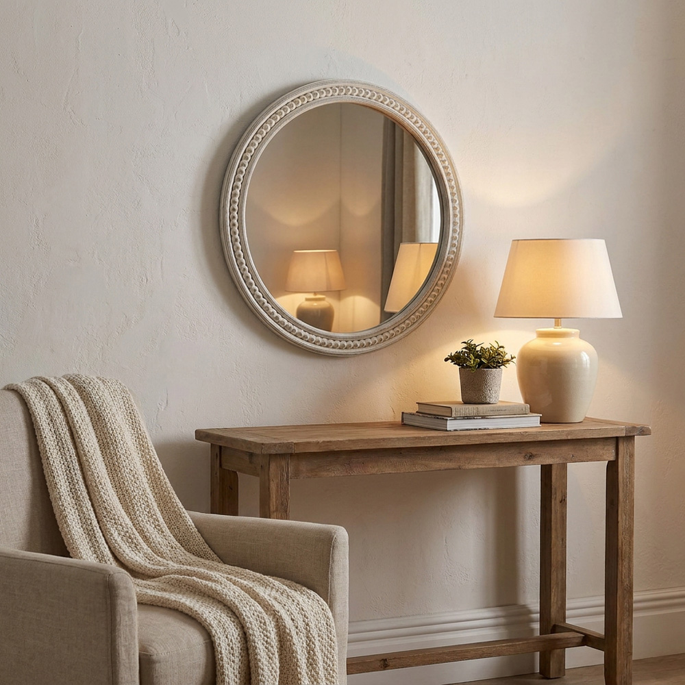 Light Washed Wood Round Beaded Mirror White Image 5