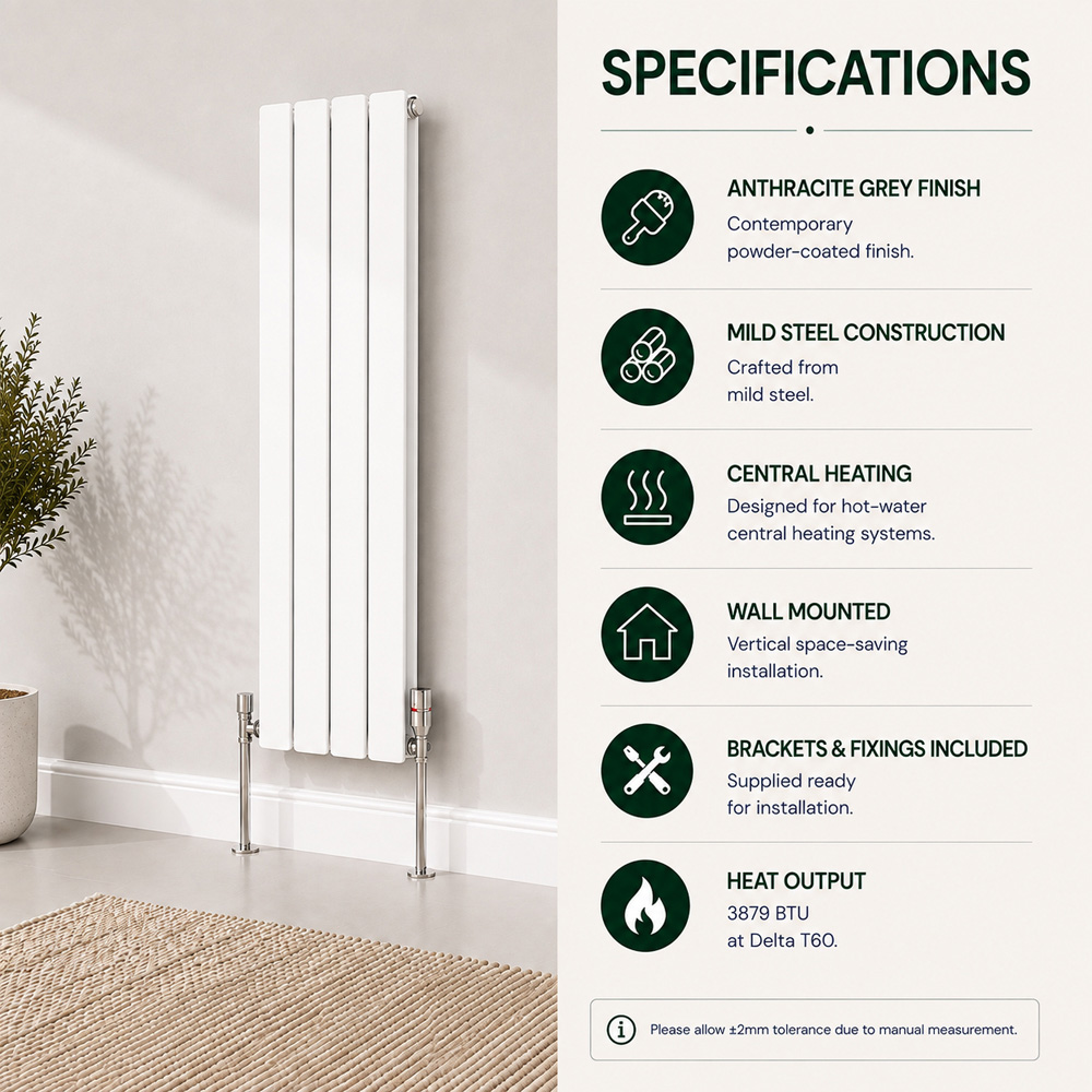 Go Bathrooms Pinta White Single Panel Vertical Radiator 1600 x 610mm Image 3