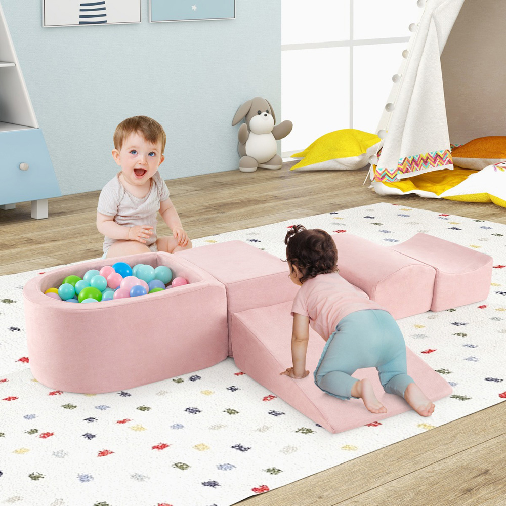Costway Kids Pink 5 Piece Climb and Crawl Play Set with Ball Pit Image 2