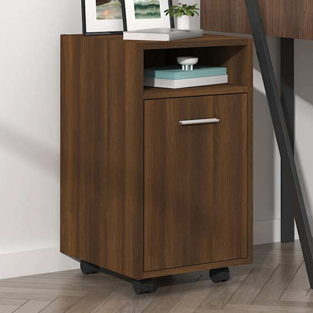 vidaXL Single Door Single Open Shelf Brown Oak Side Cabinet with Wheels Image 1