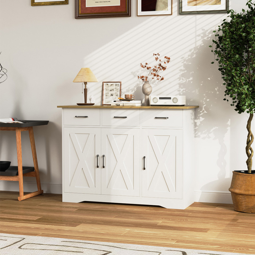Living and Home 3 Door 3 Drawer White and Wood X-Pattern Sideboard Image 8