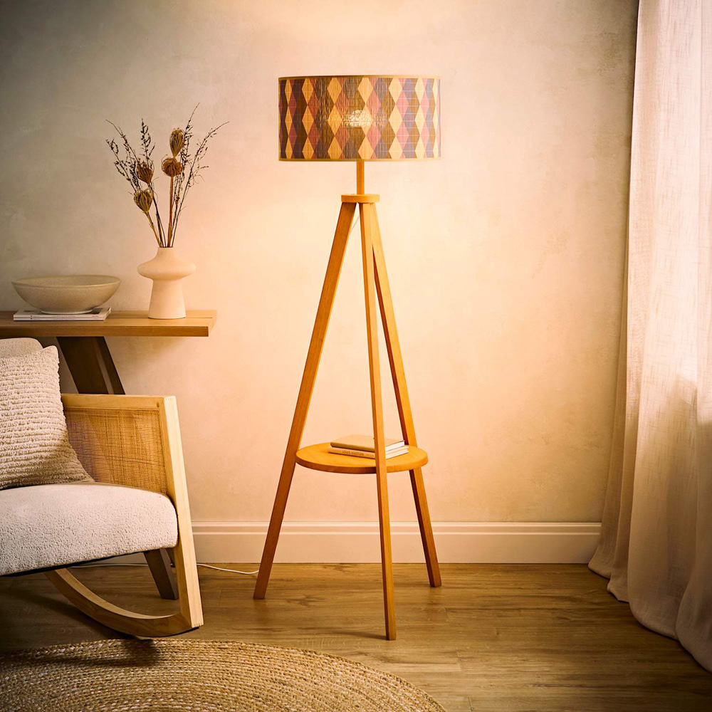 ValueLights Morrigan Mid Wood Tripod Floor Lamp with Diamond Bamboo Shade and Bulb Image 2