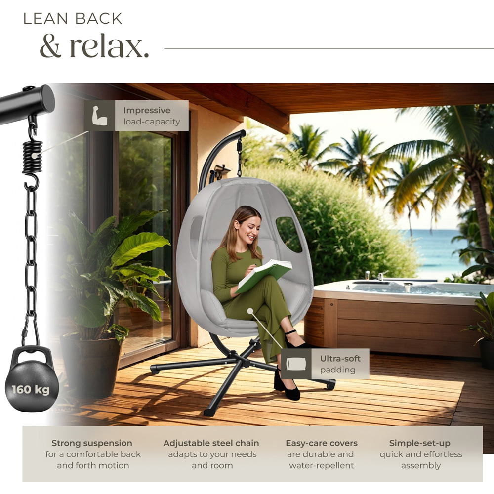 tectake Anika Light Grey Hanging Egg Chair Image 4