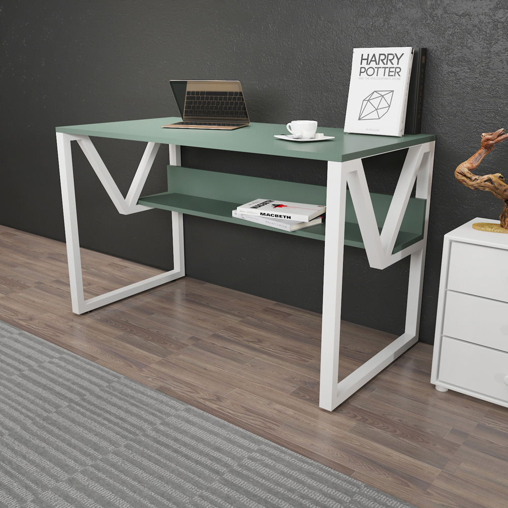 Decorotika Lona Single Shelf Study and Writing Desk Green and White Image 4