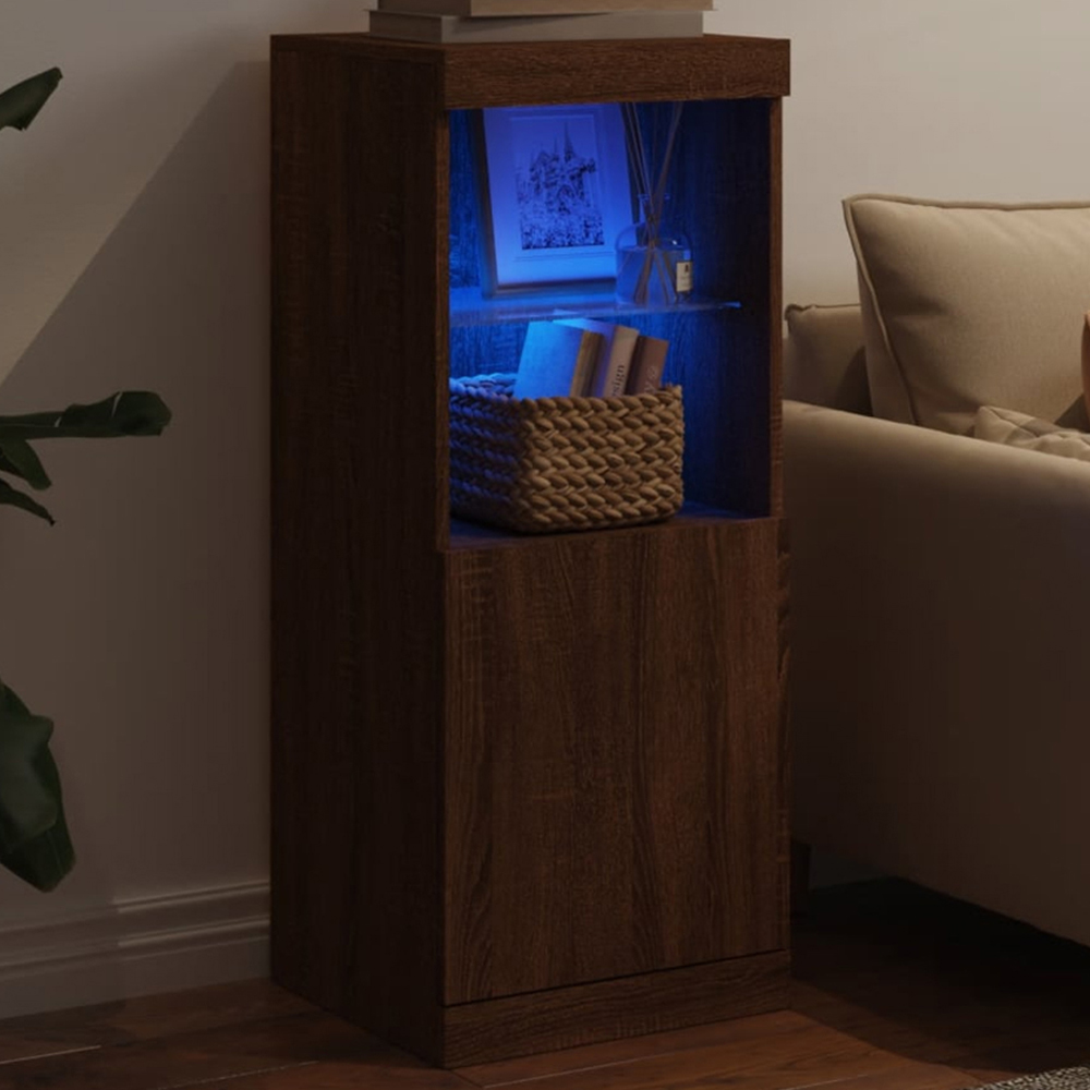 vidaXL Single Door 2 Shelf Brown Oak Sideboard with LED Lights Image 1