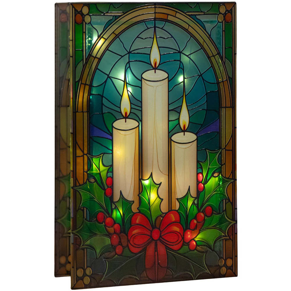 Samuel Alexander 50 Warm White LED Candles and Holly Light Up Stained Glass Decoration 21cm Image 1