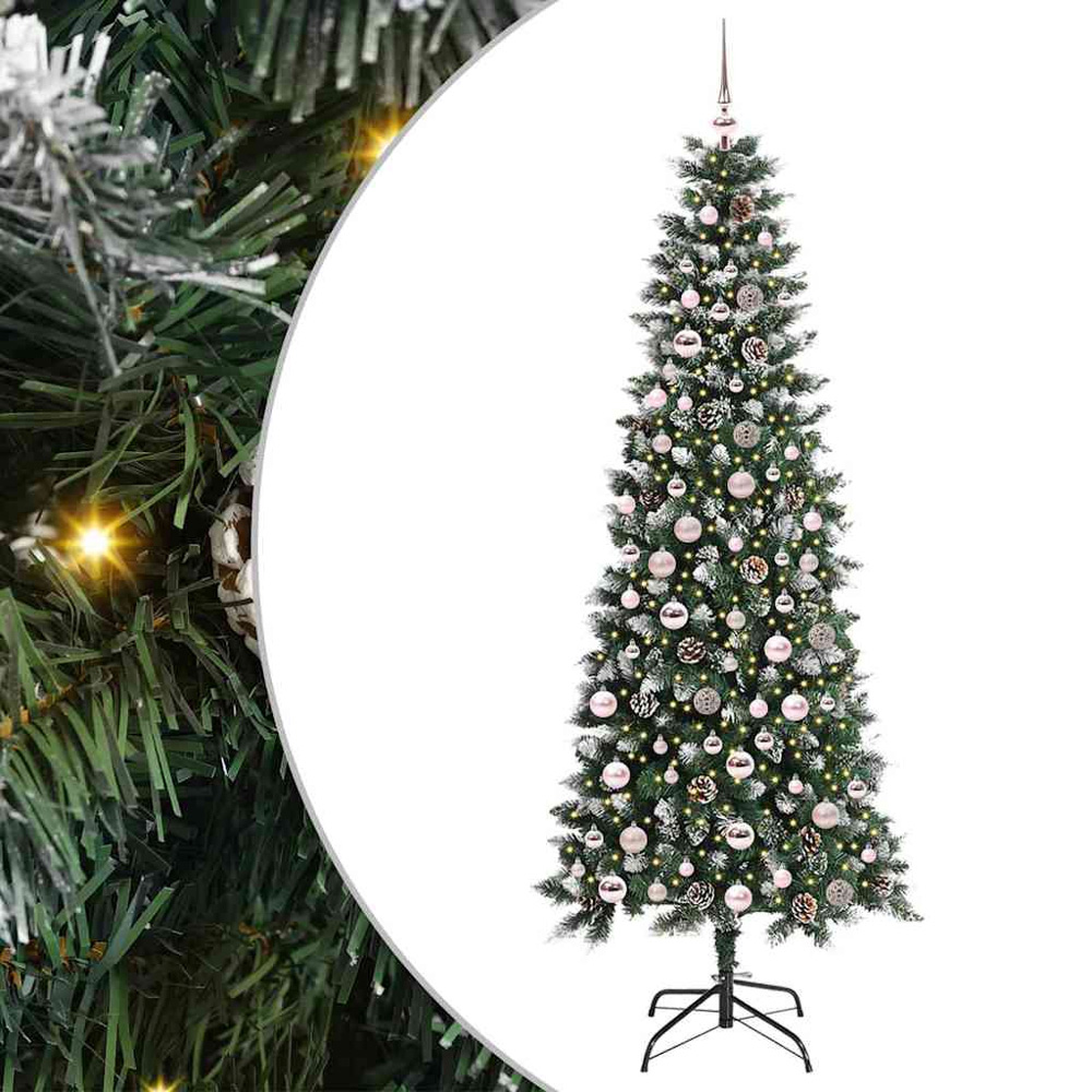 vidaXL Pre-Lit Pink Baubles Green Artificial Snow Tipped Christmas Tree 7ft Image 2