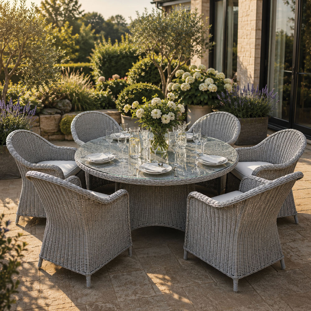 Shatchi Sorrento 6 Seater Rattan Aluminium Round Garden Dining Set Light Grey Image 1