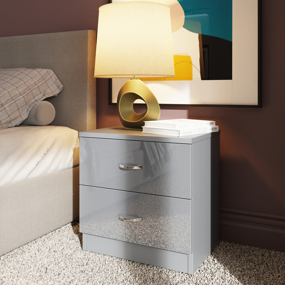 FWStyle Chilton 2 Drawer Grey Gloss Bedside Table Image 5