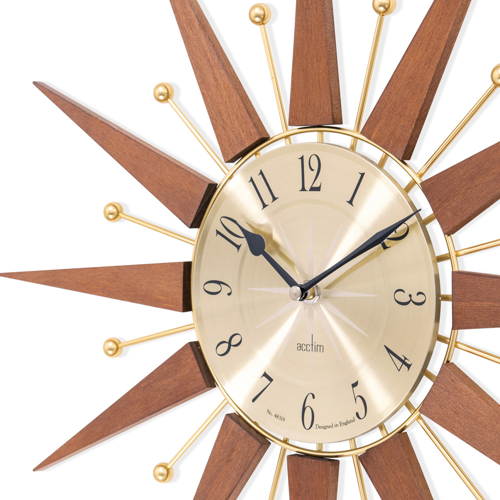 Acctim Wolcott Walnut and Brass Wood and Metal Spoke Sunburst Wall Clock 49cm Image 4