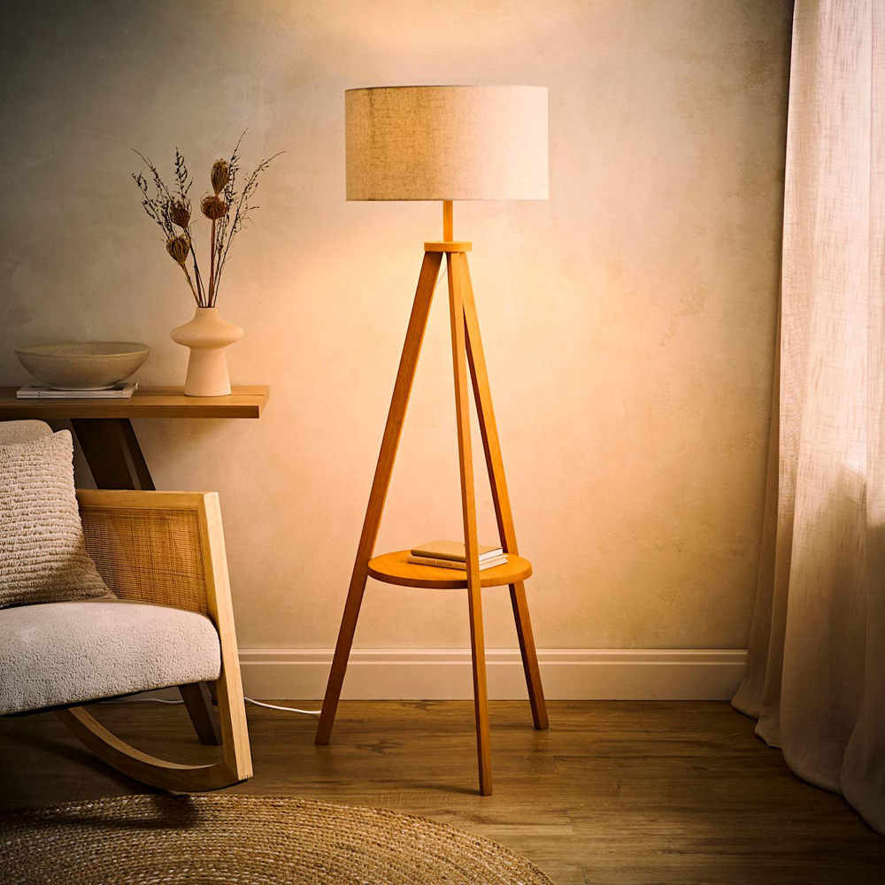 ValueLights Morrigan Mid Wood Tripod Floor Lamp with Linen Fabric Drum Shade and Bulb Image 2