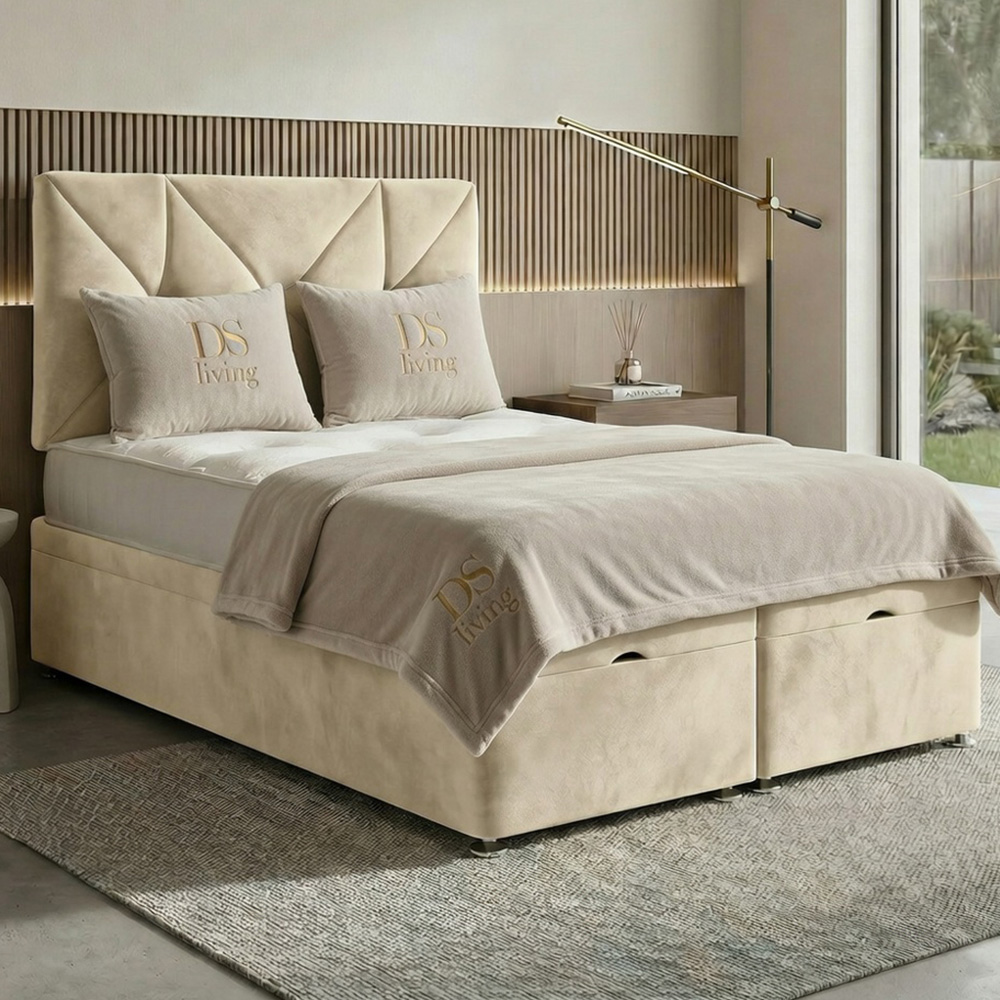 DS Living Eclipse Double Cream Plush Velvet Ottoman Bed Image 1