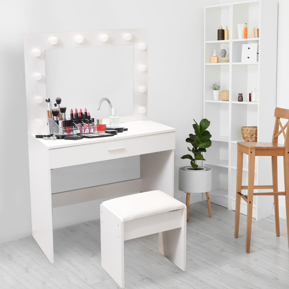 Alivio Single Drawer Hollywood Dressing Table Set with LED Mirror Image 4