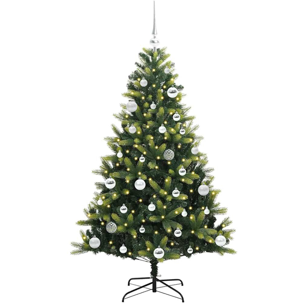 vidaXL Pre-Lit Silver Baubles Green Artificial Hinged Christmas Tree 5ft Image 1
