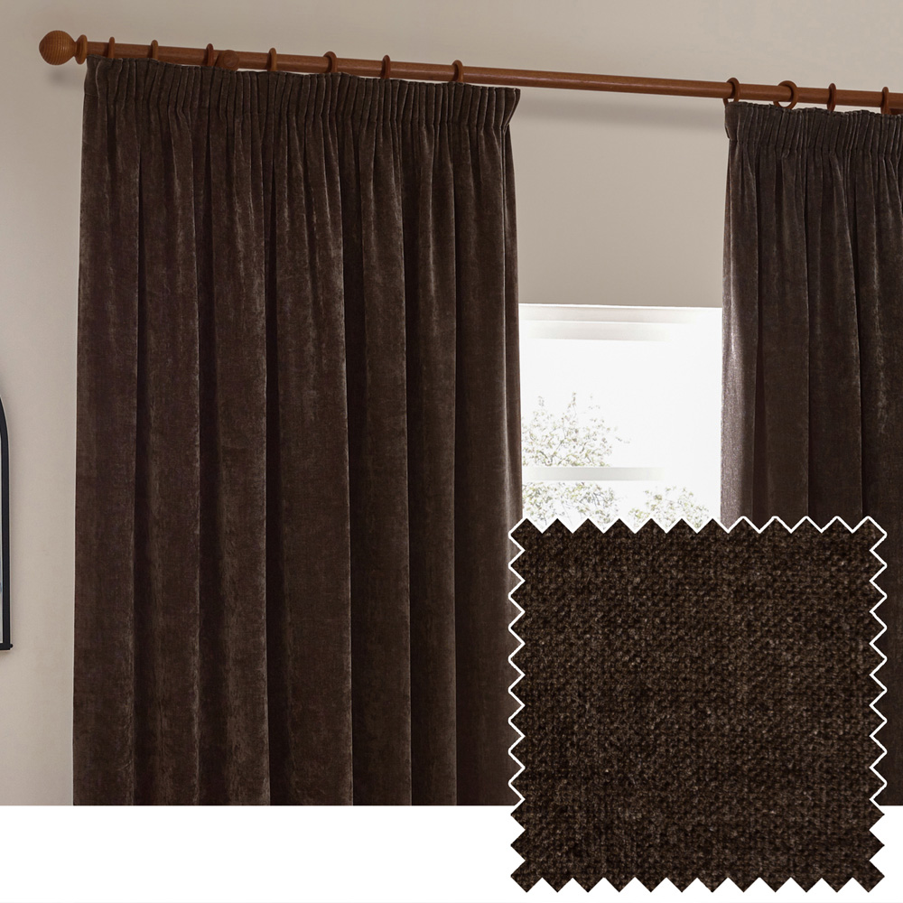 Yard Heavy Brown Chenille Velvet Pencil Pleat Curtains 117 x 137cm Image 4