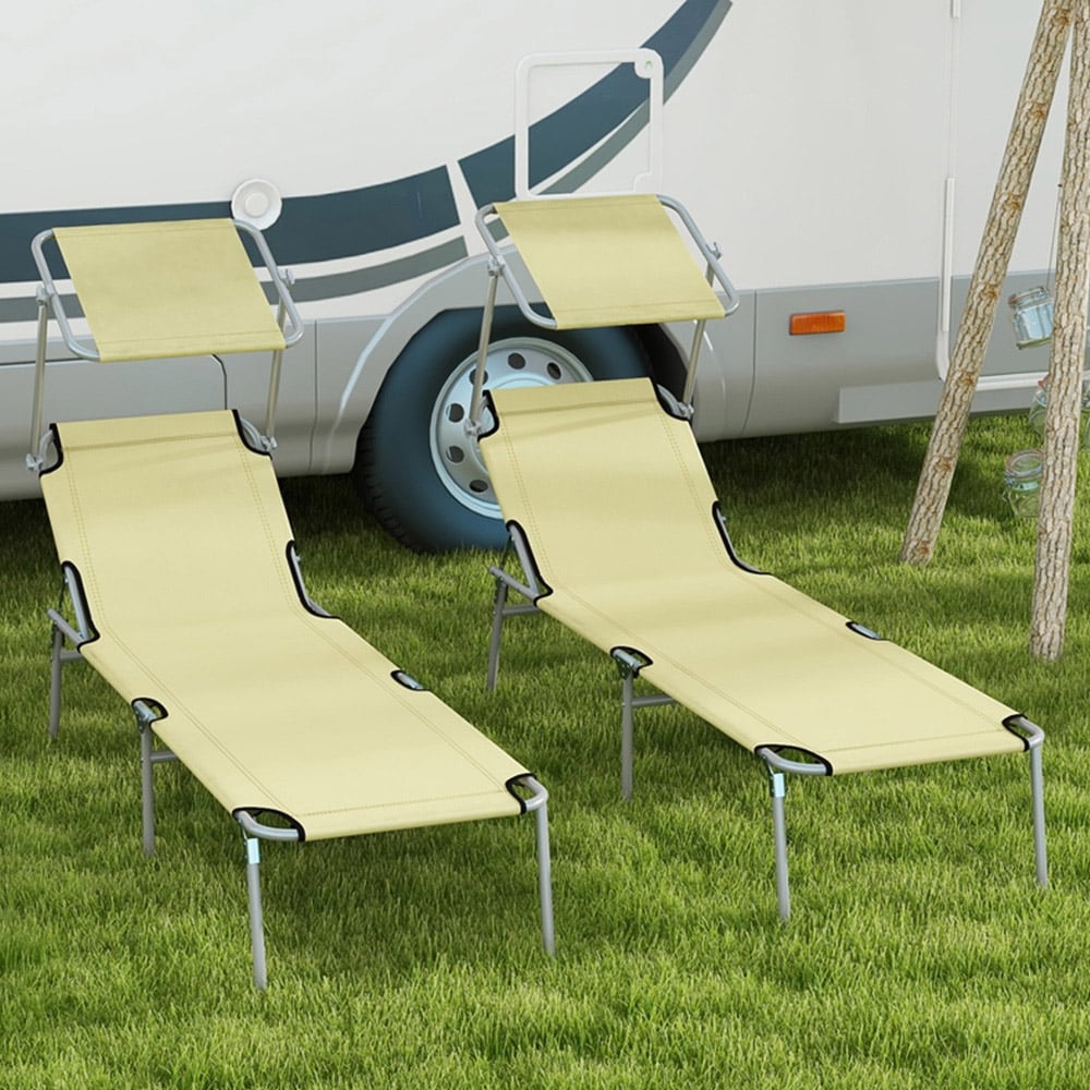 Outsunny Set of 2 Beige Adjustable Folding Sun Lounger Image 1