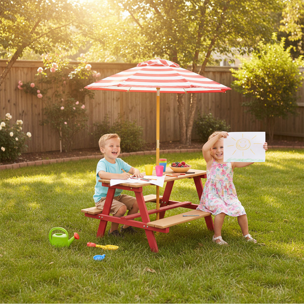 Teamson Home Dakota Red and Natural Outdoor Wooden Picnic Table and Umbrella Set Image 6