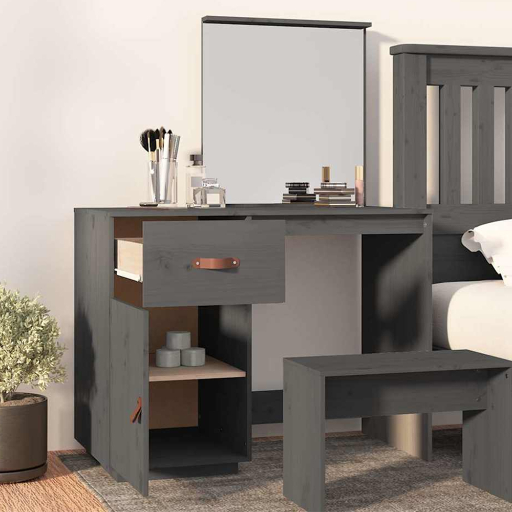 vidaXL Single Door Single Drawer Grey Solid Wood Pine Dressing Table with Mirror Image 1