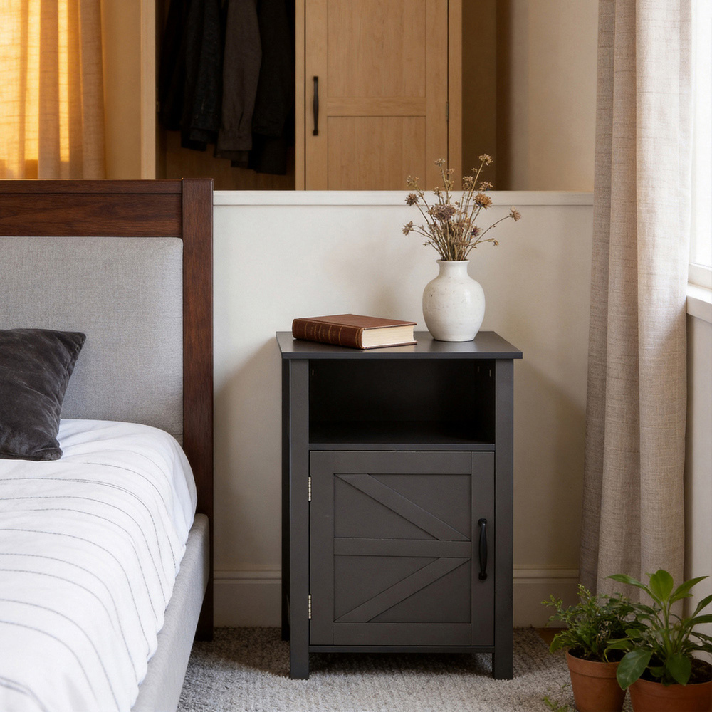 Living and Home Single Door Single Shelf Grey Bedside Table Image 7