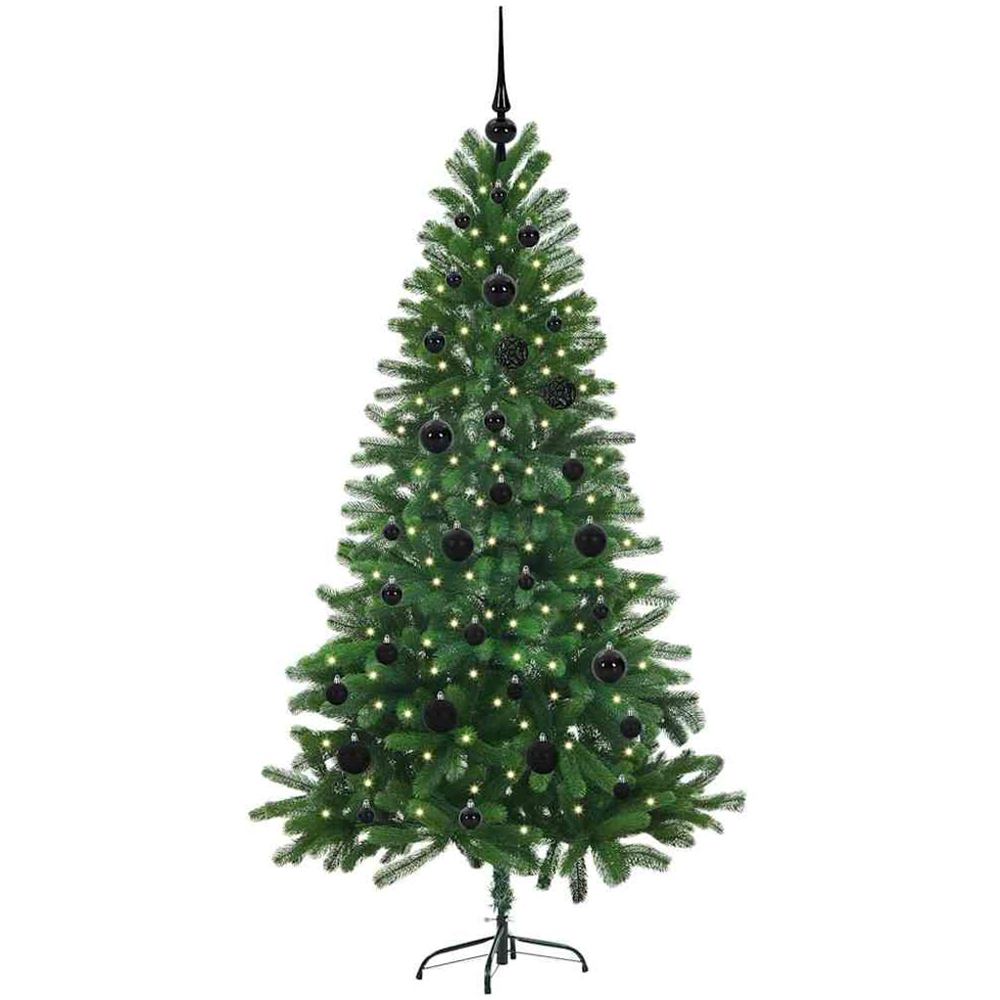vidaXL Pre-Lit Black Baubles Green Artificial Christmas Tree 5ft Image 1