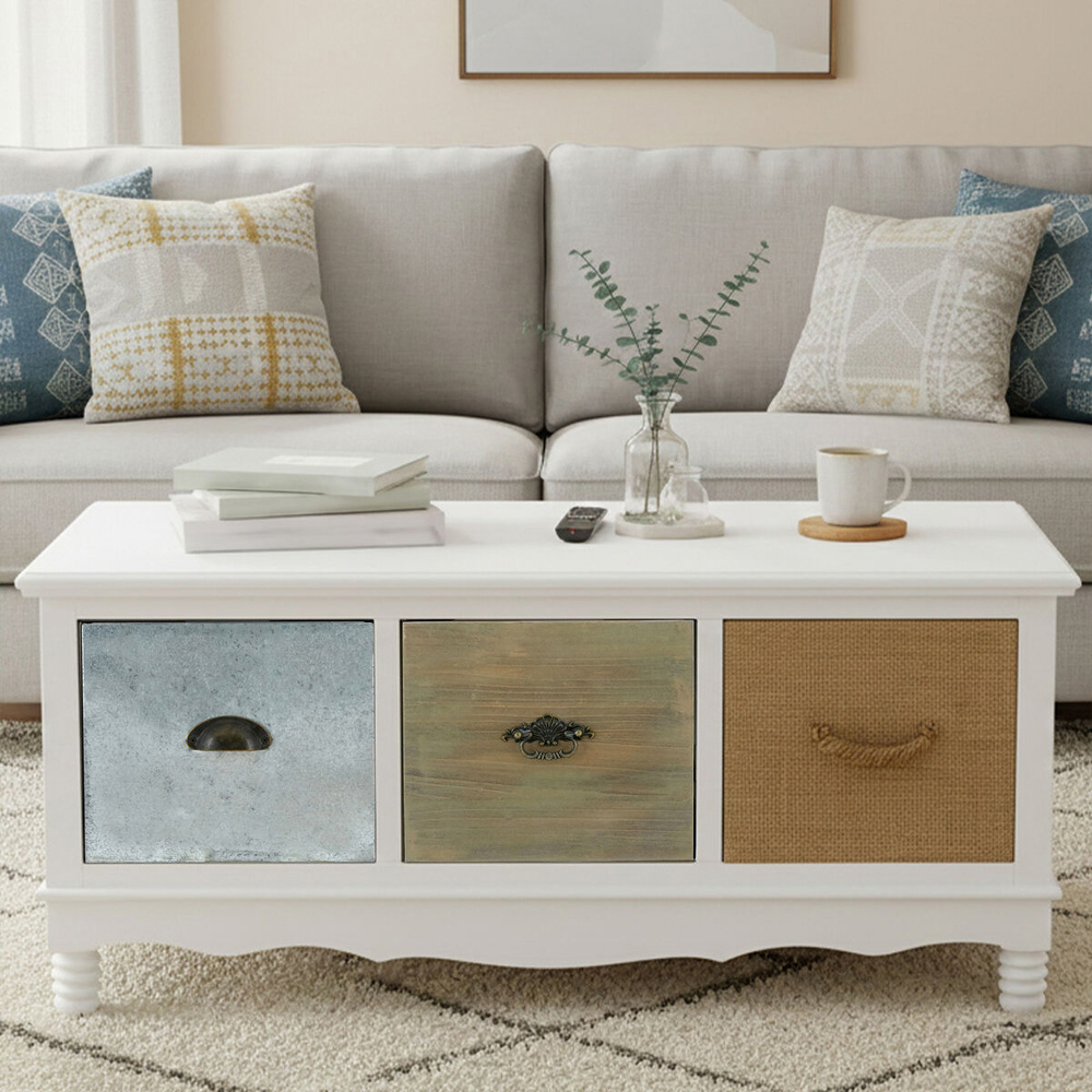 Premier Housewares 3 Drawer White Wooden Coffee Table Image 4
