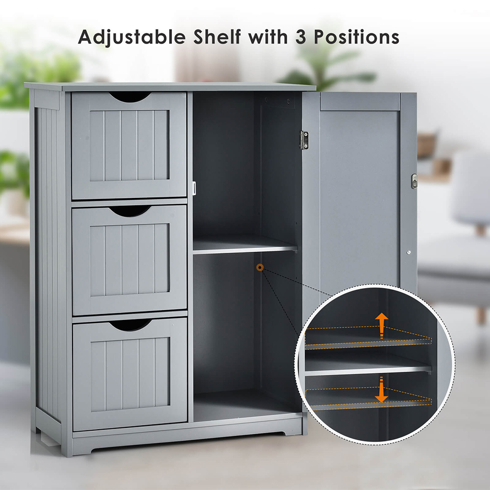 Costway Single Door 3 Drawer Grey Freestanding Bathroom Cabinet Image 5