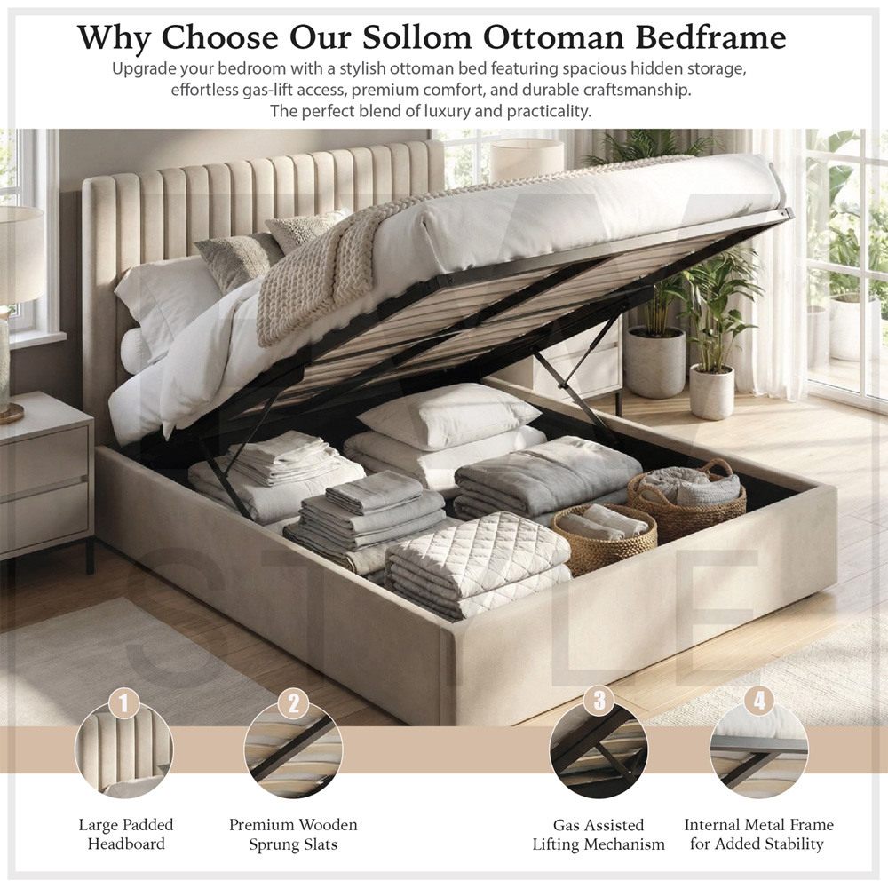 FWStyle Sollom Double Beige Sand Upholstered Lift-Up Ottoman Bed Frame with Ribbed Headboard Image 8