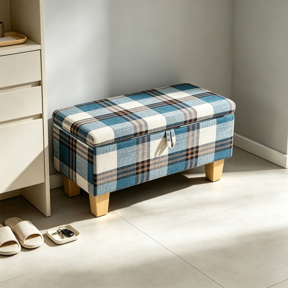 Living and Home Blue Tartan Linen Storage Ottoman Bench Image 8