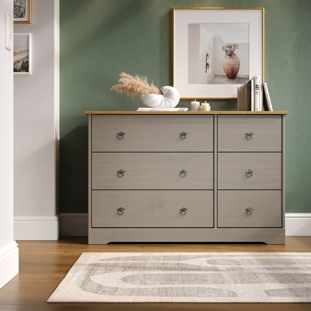 Core Products Corona Classic 6 Drawer Grey Pine Wood Wide Chest of Drawers Image 7