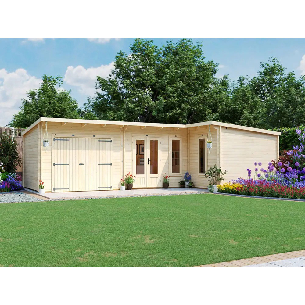 Dunster House HellWolf 30 x 16ft Brown L-Shaped Double Glazed Pent Garden Log Cabin Image 2