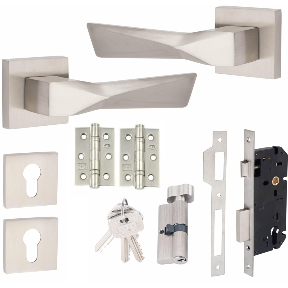 Golden Grace Satin Nickel Aura Euro Lock Door Handle Set Image 1