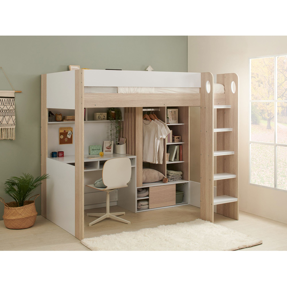 Flair Hampton White and Oak High Sleeper with Desk and Wardrobe Image 4