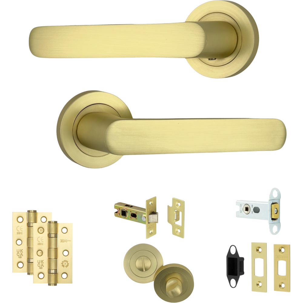 AXS Hardware Harlem Satin Brass Bathroom Door Handles on Rose Image 1