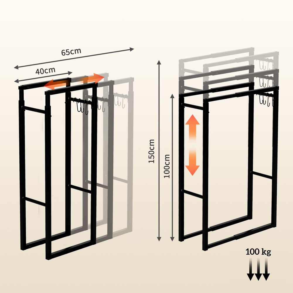 Outsunny 100-150cm Black Retractable Metal Firewood Log Storage Rack with Hooks Image 9