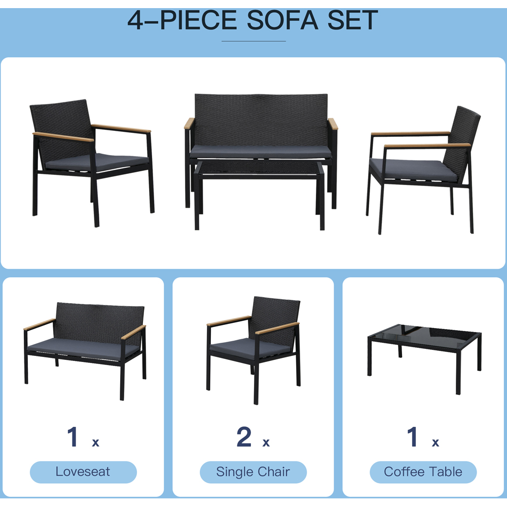 Outsunny 4 Seater Black Rattan Wicker Lounge Set Image 4