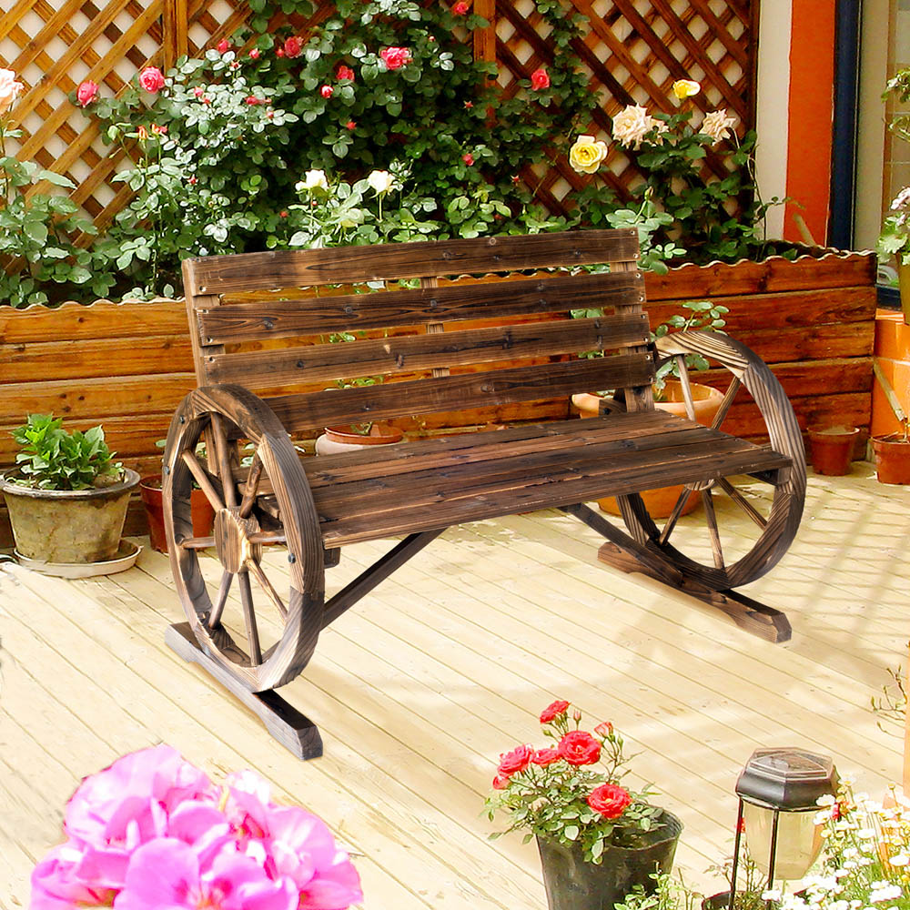 Outsunny 2 Seater Brown Wooden Bench with Wagon Wheel Image 7