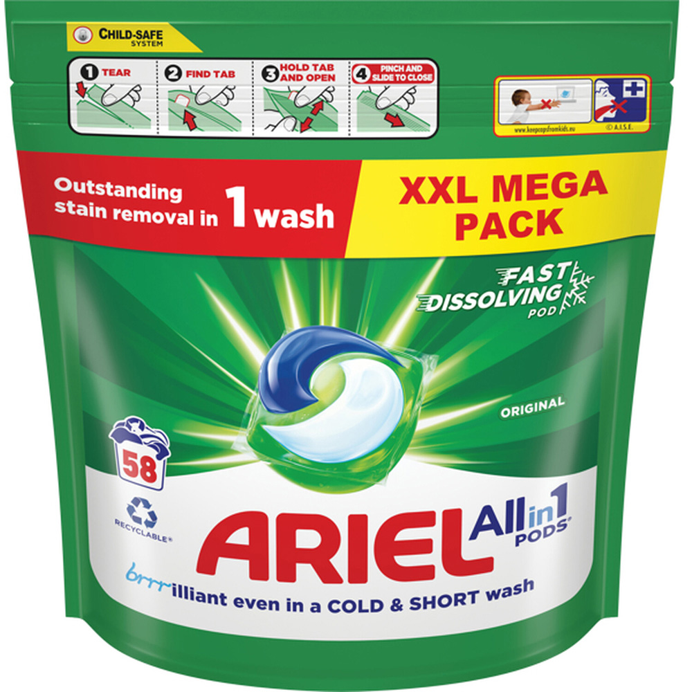 Ariel All-in-1 Fast Dissolving Washing Liquid Pods 58 Washes Image