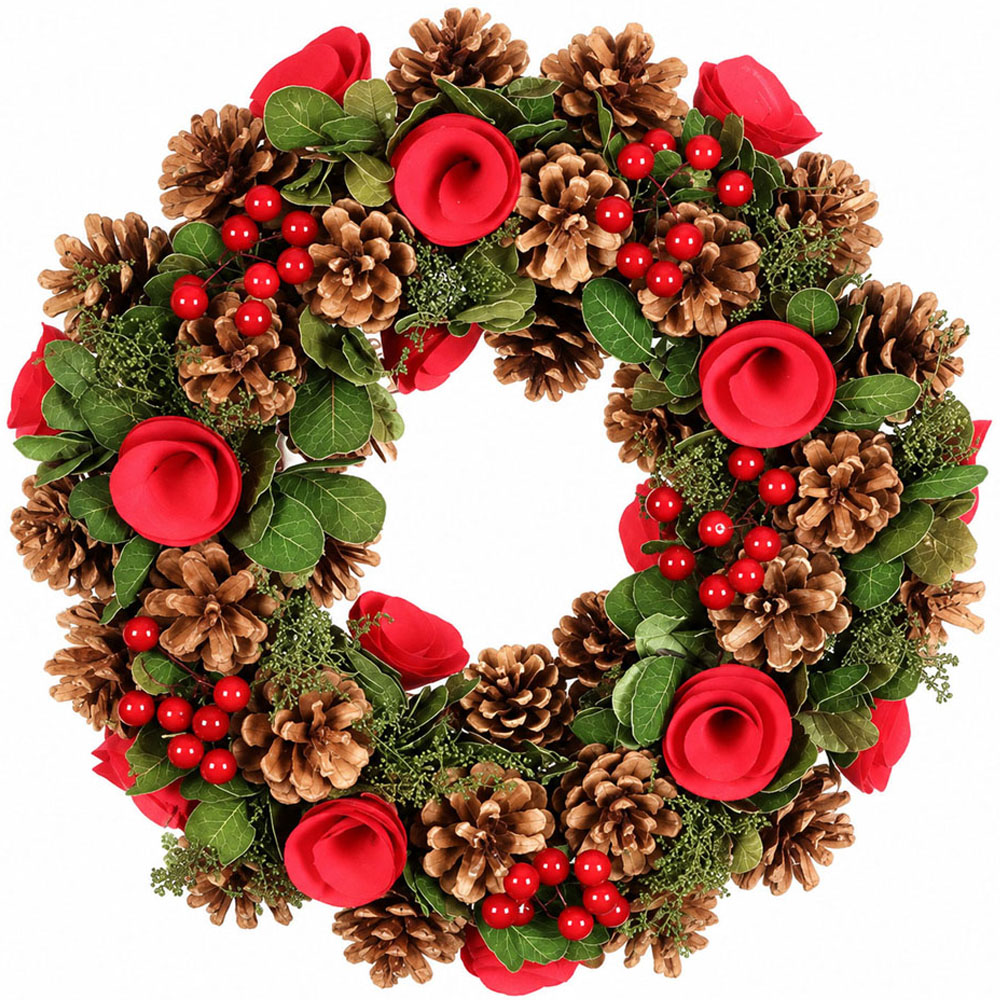 Neo Green and Red Artificial Christmas Wreath with Berries and Pine Cones 50cm Image 1