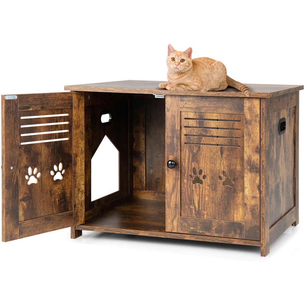 Costway Rustic Brown 2 Louvered Doors Cat Litter Box Enclosure Image 1