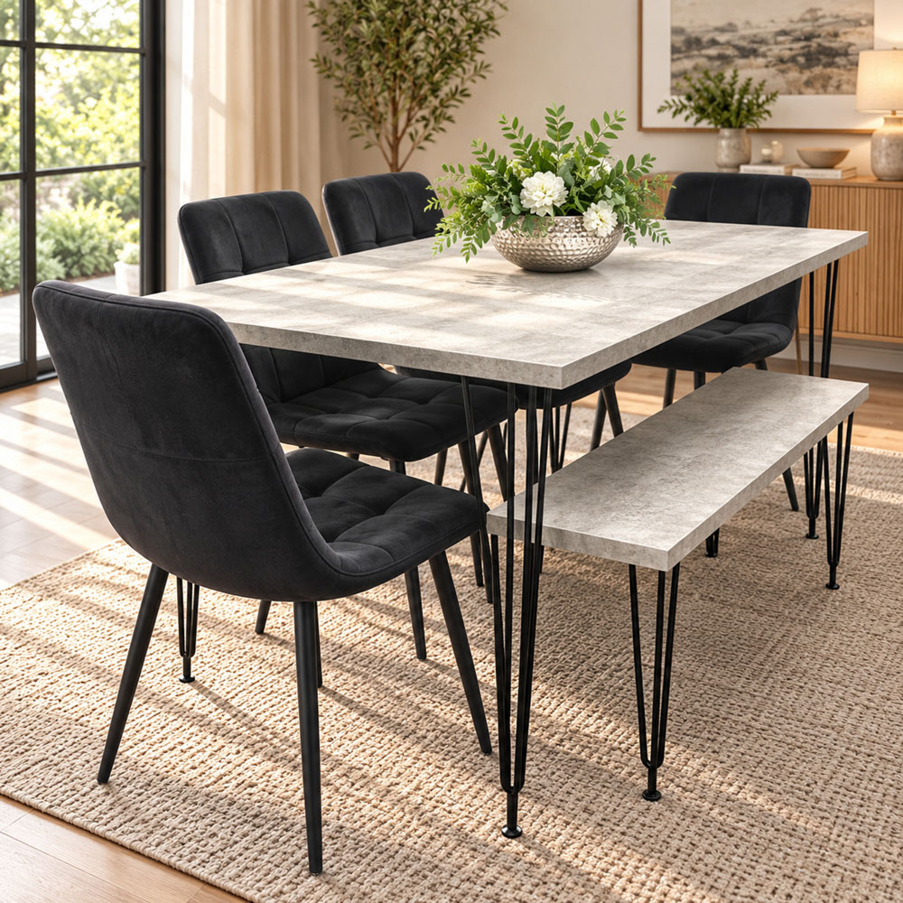 Kosy Koala 6 Seater Grey and Black Velvet Dining Table Set Image 1