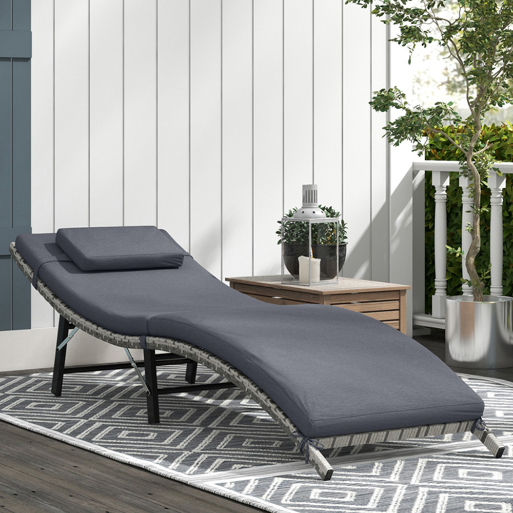 Outsunny Grey Rattan Folding Sun Lounger with Cushions Image 1