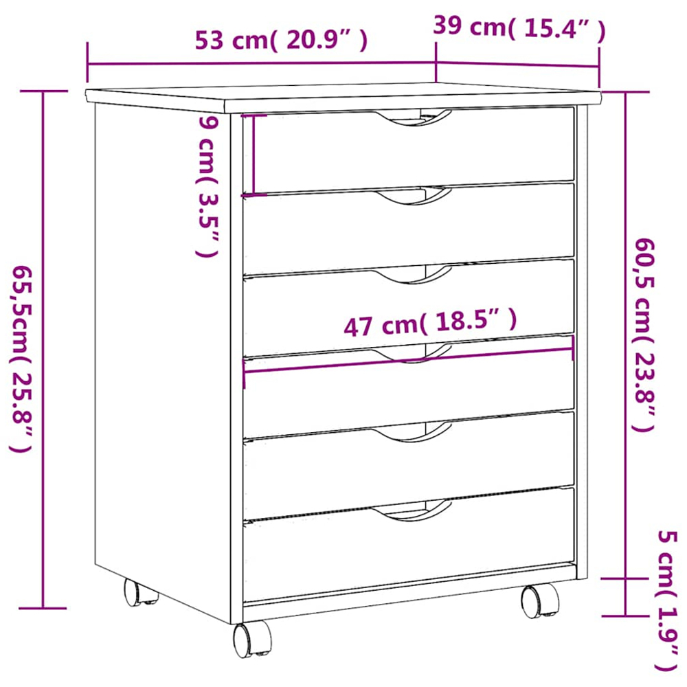 vidaXL Moss 6 Drawer Grey Solid Wood Pine Rolling Cabinet Image 7